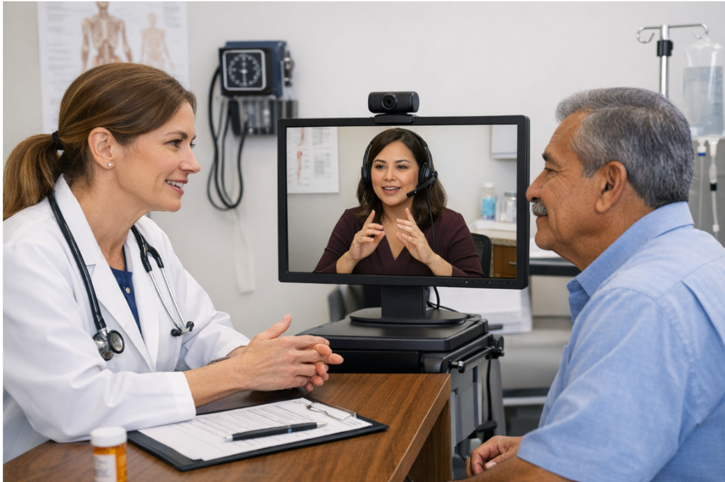 Video remote interpreting in a clinic — interpreter on screen with doctor and patient